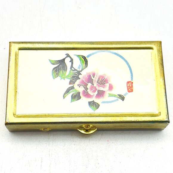 Vintage Japanese Floral Pill Box Gold Tone Two Compartment Snap Closure Classic - Picture 1 of 9